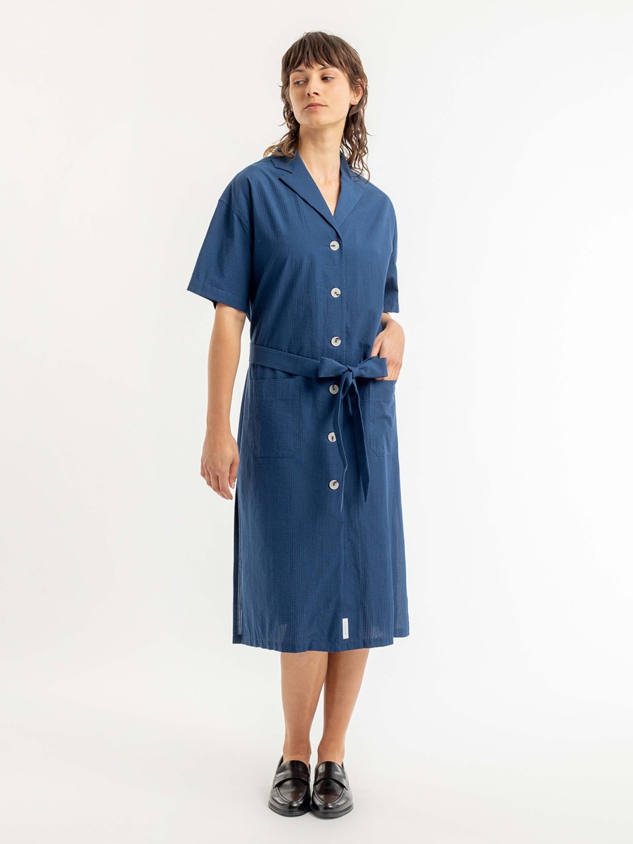 Damen Rotholz | Rotholz Bowling Shirt Dress Navy Seersucker | Xs