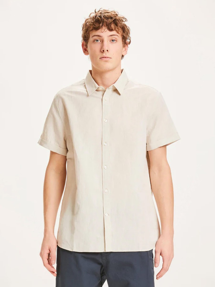 Herren Knowledge Cotton Apparel | Knowledge Cotton Apparel Larch Ss Linen Custom Fit Shirt Light Feather Gray | S