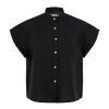 Damen Knowledge Cotton Apparel | Aster Collar Stand Short Sleeve Linen Shirt Black Jet | Xs