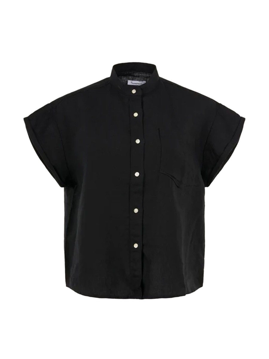 Damen Knowledge Cotton Apparel | Aster Collar Stand Short Sleeve Linen Shirt Black Jet | Xs