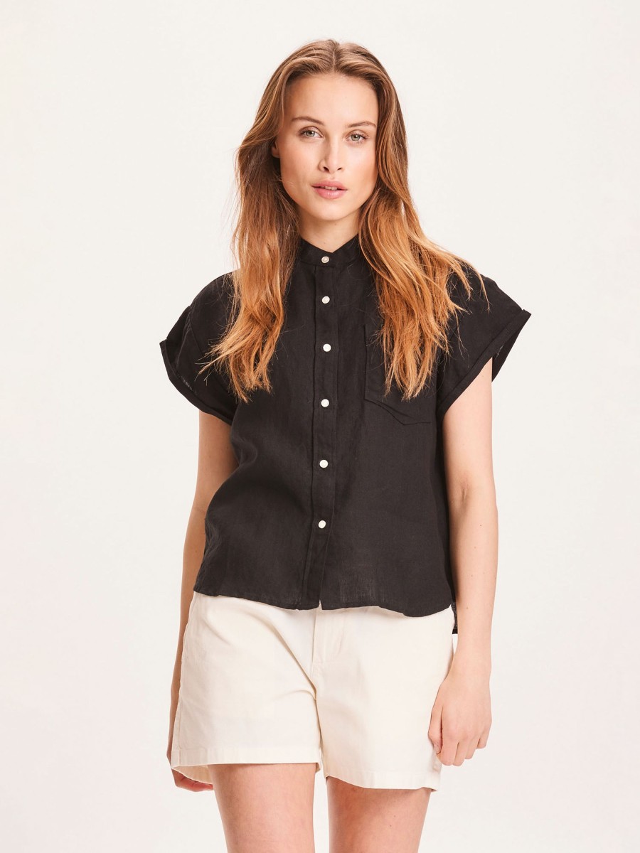 Damen Knowledge Cotton Apparel | Aster Collar Stand Short Sleeve Linen Shirt Black Jet | Xs