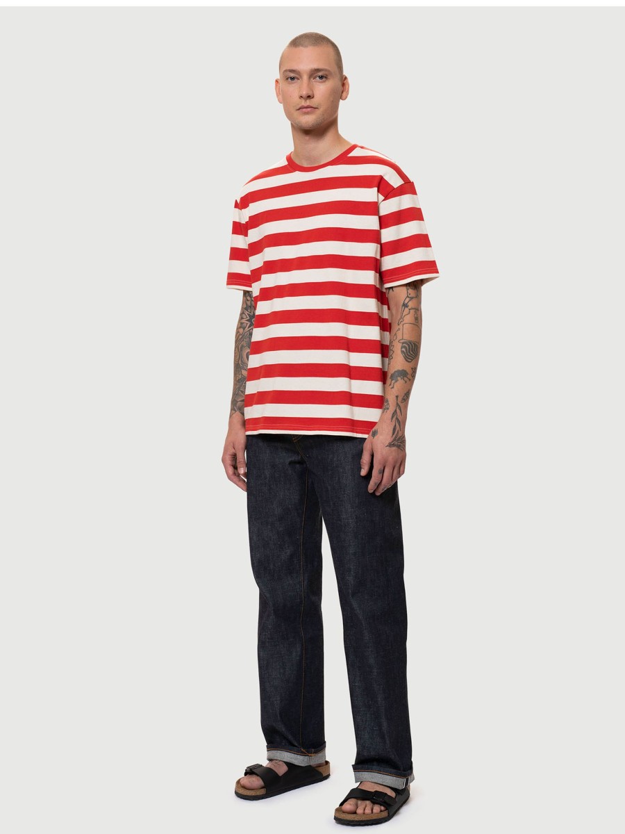 Herren Nudie Jeans | Nudie Jeans Uno Block Stripe Offwhite Red | S