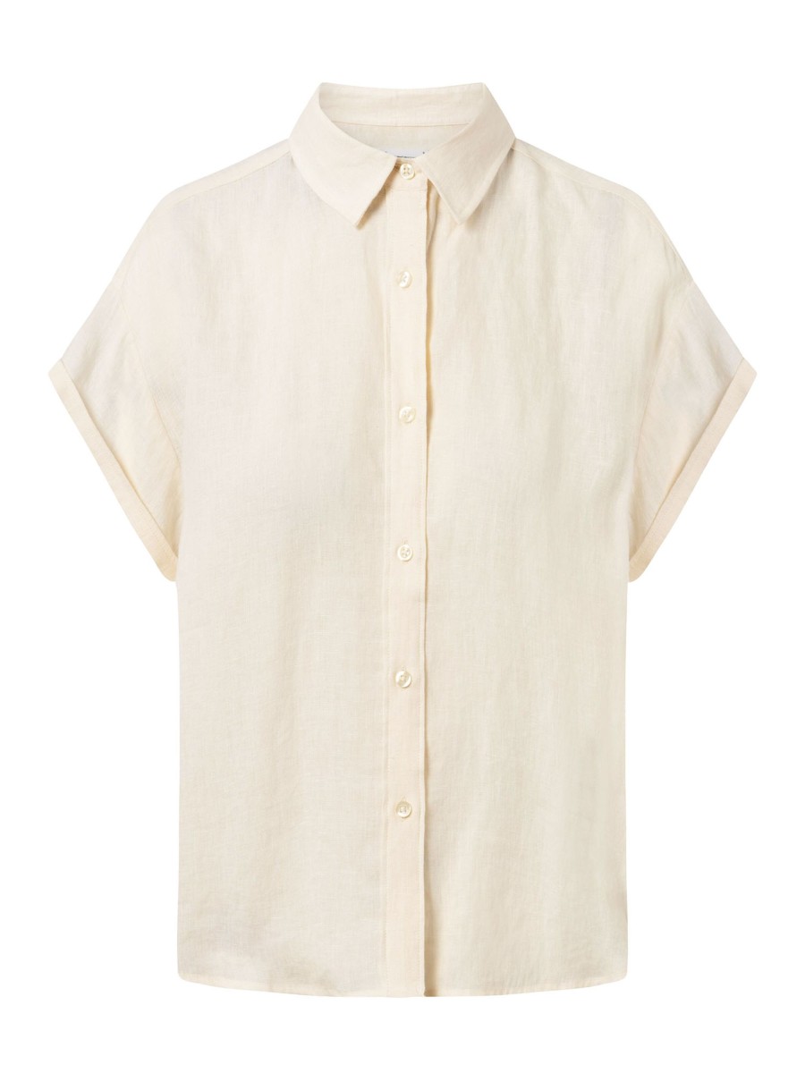 Damen Knowledge Cotton Apparel | Knowledge Cotton Apparel Aster Fold Up Short Sleeve Linen Shirt Buttercream | S