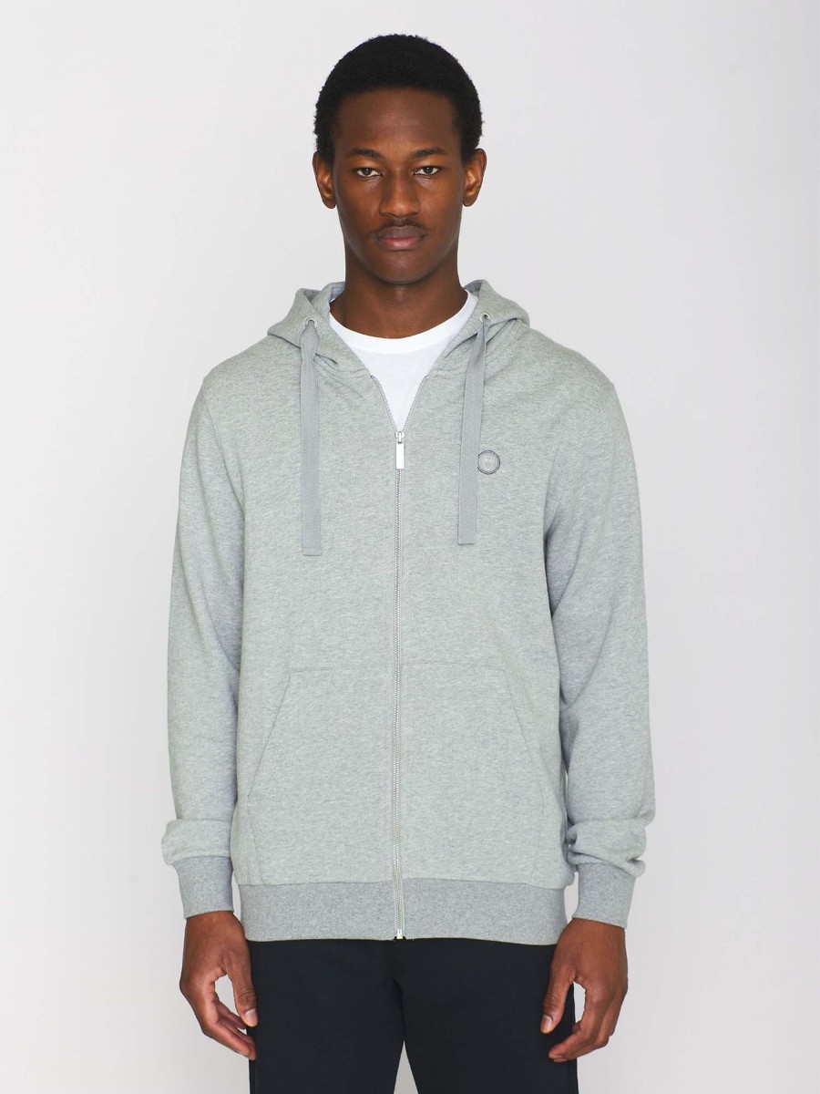 Herren Knowledge Cotton Apparel | Knowledge Cotton Apparel Zip Hood Kangaroo Badge Sweat Grey Melange | S