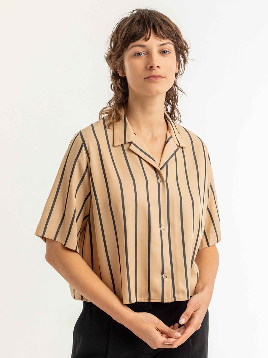 Damen Rotholz | Rotholz Cropped Lyocell Bowling Shirt Sand Black | Xs