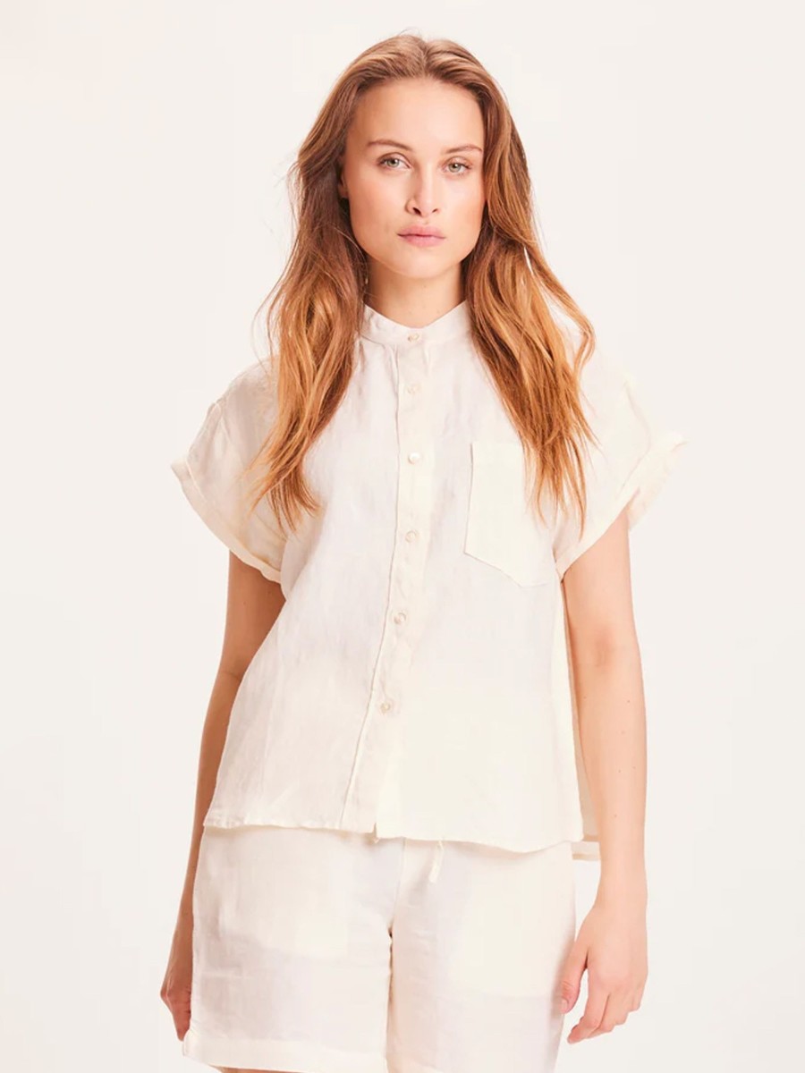 Damen Knowledge Cotton Apparel | Aster Collar Stand Short Sleeve Linen Shirt Buttercream | Xs