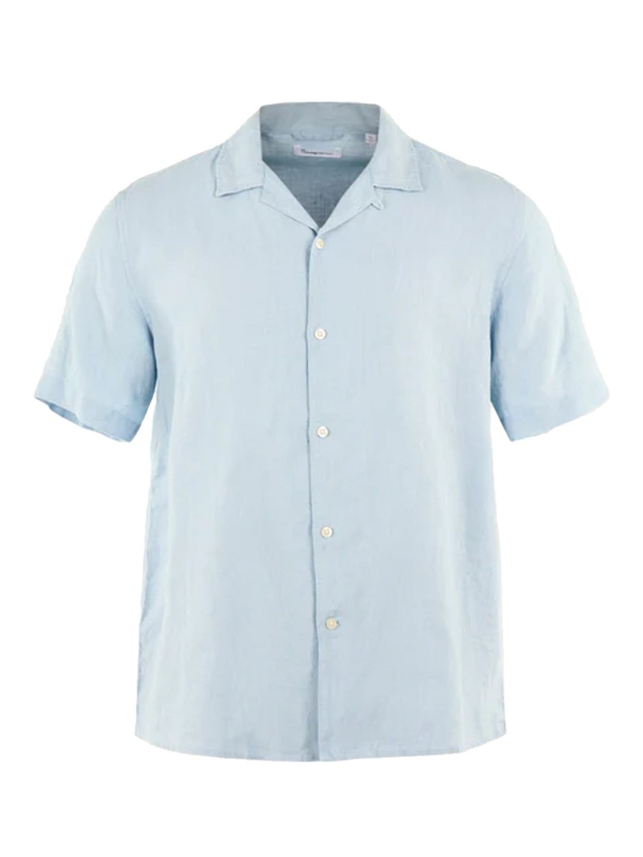 Herren Knowledge Cotton Apparel | Knowledge Cotton Apparel Wave Ss Linen Box Fit Shirt Blue Fog | M