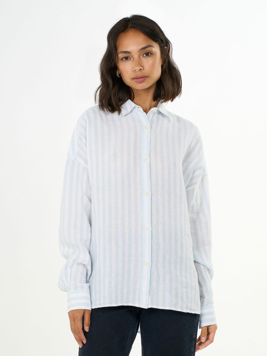 Damen Knowledge Cotton Apparel | Knowledge Cotton Apparel Linen Striped Loose A-Shape Shirt Stripe | Xs