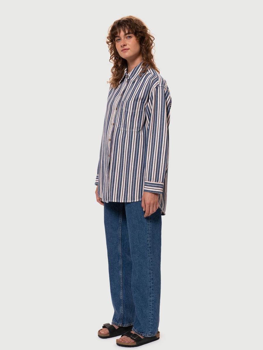 Damen Nudie Jeans | Nudie Jeans Mina Denim Shirt Stripe Red | Xs