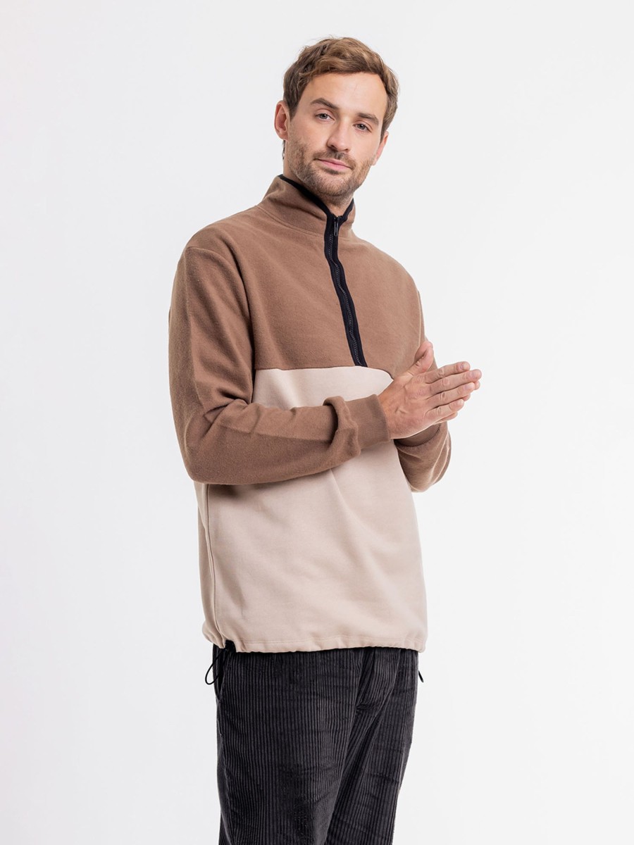 Herren Rotholz | Rotholz Divided Half Zip Sweatshirt Oatmeal Chestnut | S