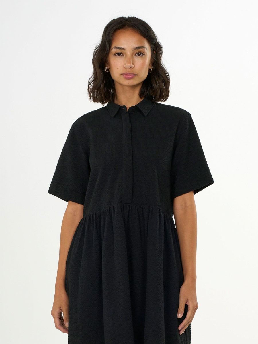 Damen Knowledge Cotton Apparel | Knowledge Cotton Apparel Seersucker Short Shirt Dress Black Jet | Xl