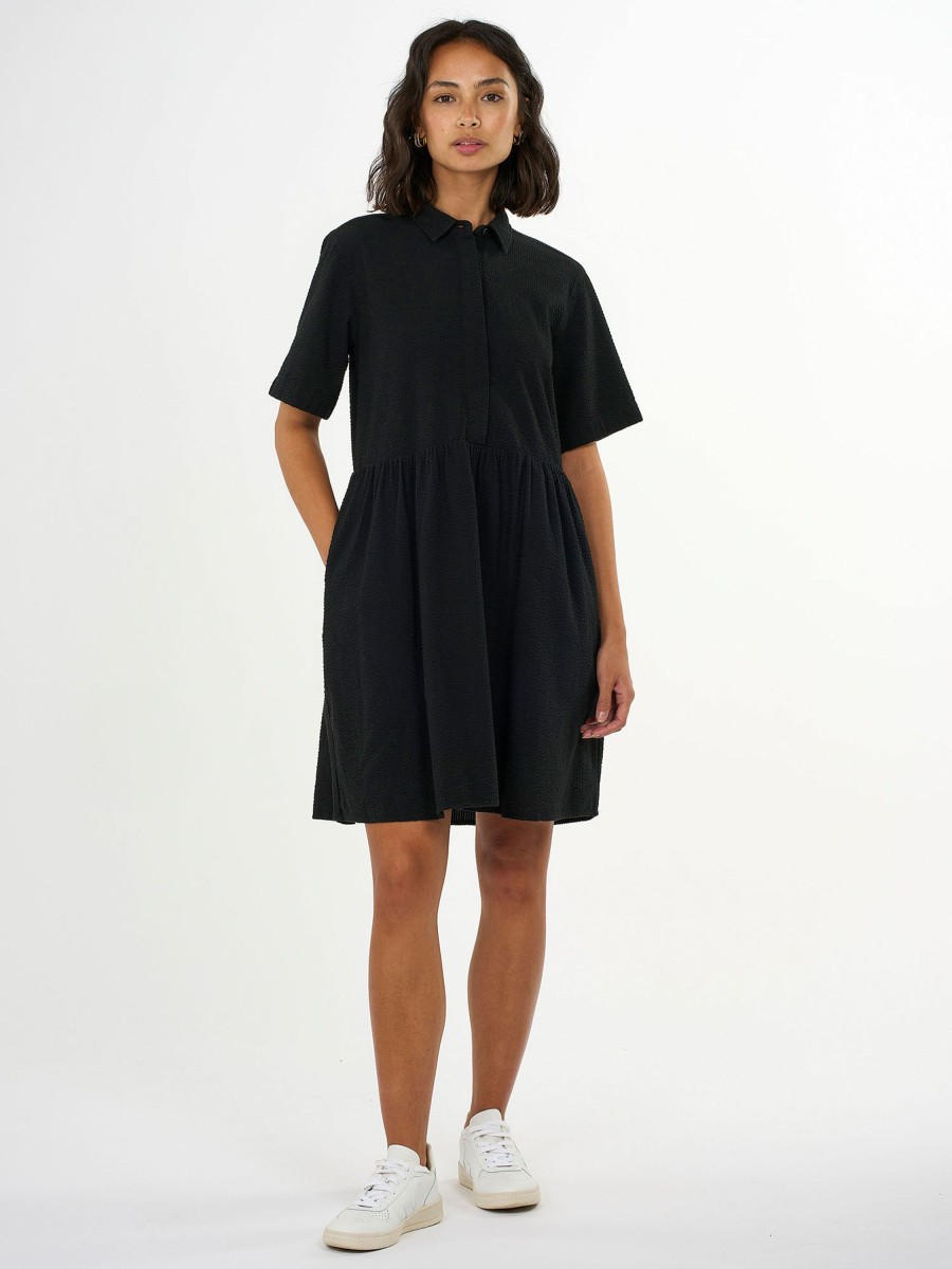 Damen Knowledge Cotton Apparel | Knowledge Cotton Apparel Seersucker Short Shirt Dress Black Jet | Xl