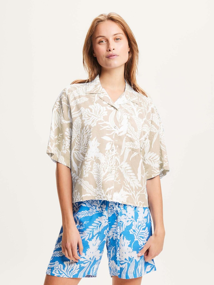 Damen Knowledge Cotton Apparel | Loose Seabreeze Tencelu2122 Print Resort Shirt Light Feather Gray | Xs