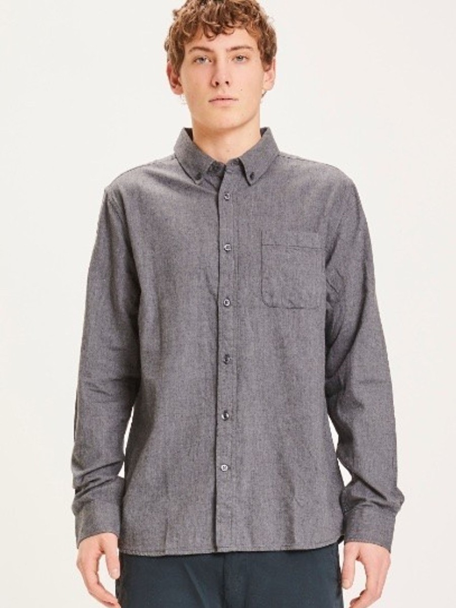 Herren Knowledge Cotton Apparel | Knowledge Cotton Apparel Elder Regular Fit Melange Flannel Shirt Dark Grey Melange | S