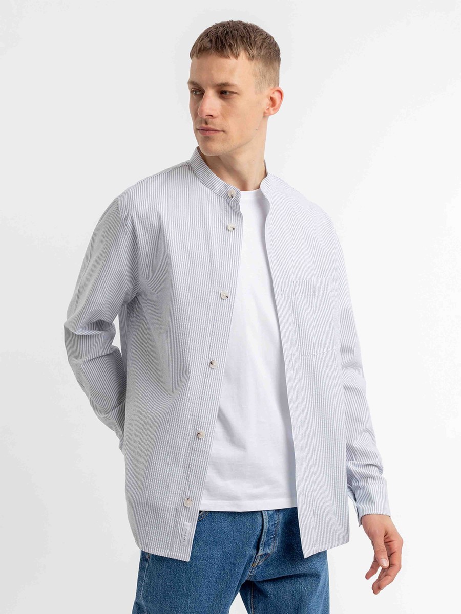 Herren Rotholz | Rotholz Mandarin Seersucker Overshirt Navy/White | S