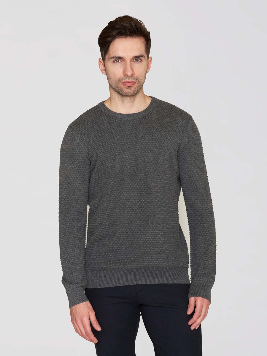 Herren Knowledge Cotton Apparel | Knowledge Cotton Apparel Vagn Regular Bubble Knit Crew Neck Dark Grey Melange | S